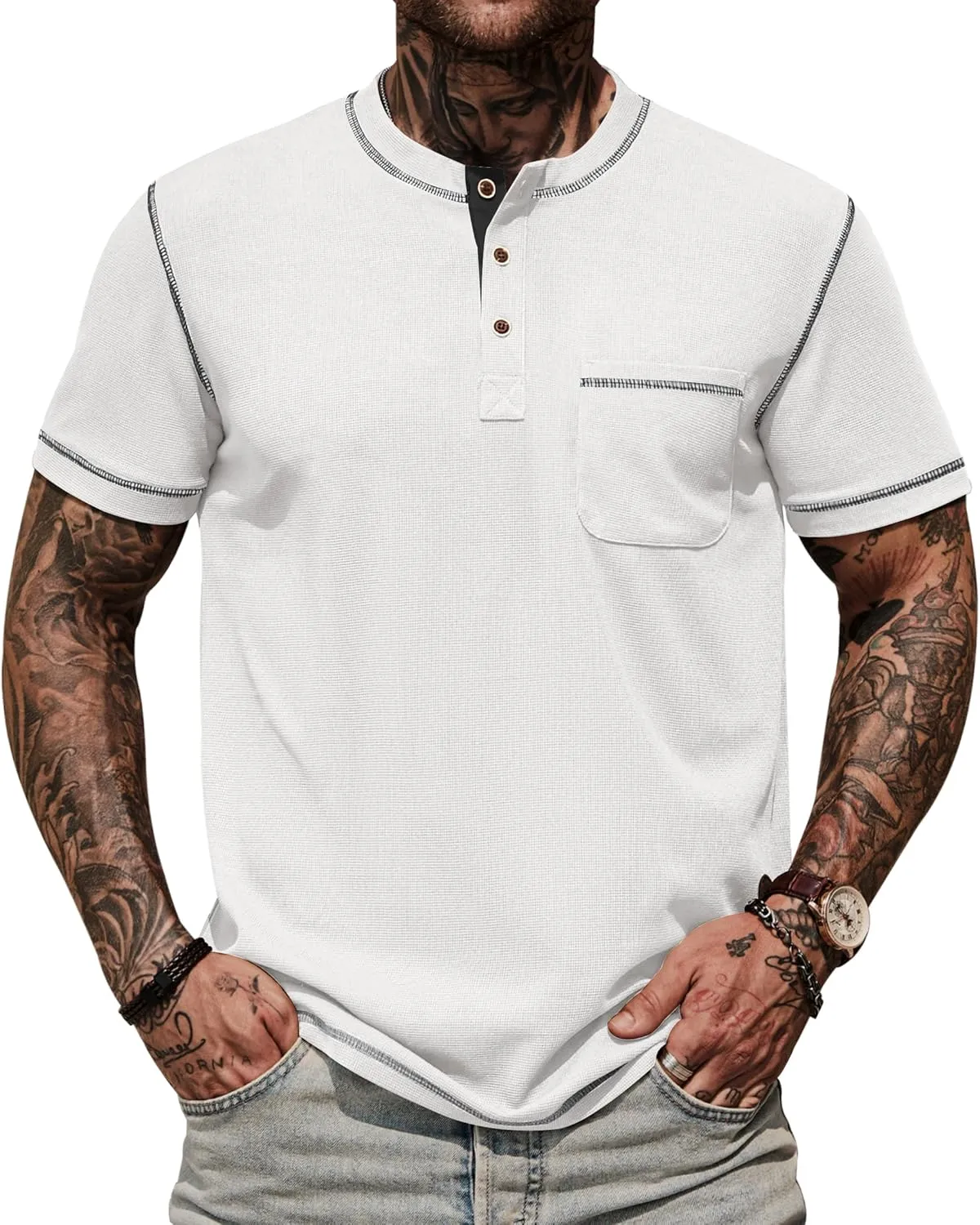 Mens Henley Shirts Casual Stretch Summer Lightweigh Waffle Short Sleeve T-Shirt with Pocket (S-XXL)