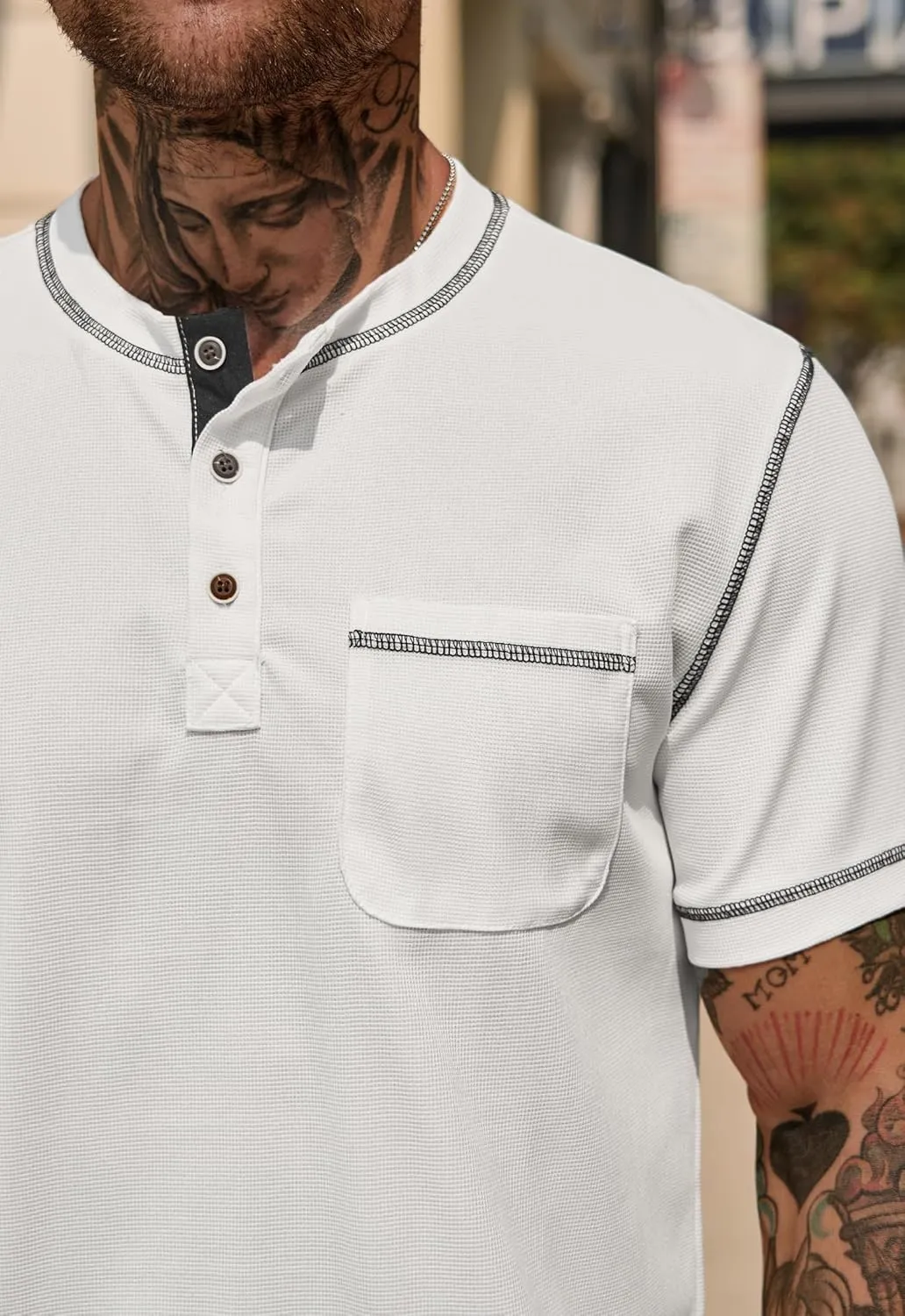 Mens Henley Shirts Casual Stretch Summer Lightweigh Waffle Short Sleeve T-Shirt with Pocket (S-XXL)