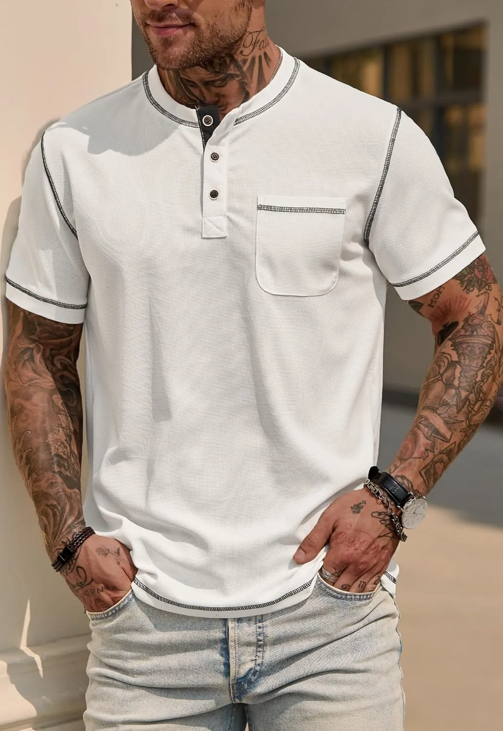 Mens Henley Shirts Casual Stretch Summer Lightweigh Waffle Short Sleeve T-Shirt with Pocket (S-XXL)