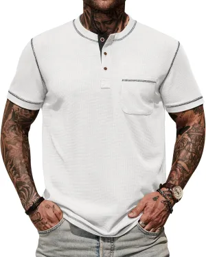 Mens Henley Shirts Casual Stretch Summer Lightweigh Waffle Short Sleeve T-Shirt with Pocket (S-XXL)
