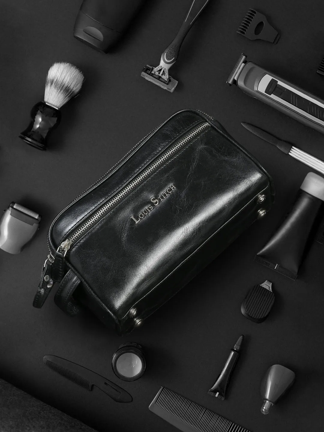 Men's Italian Leather Toiletry Kit Travel Organizer Pouch with Multiple Compartments
