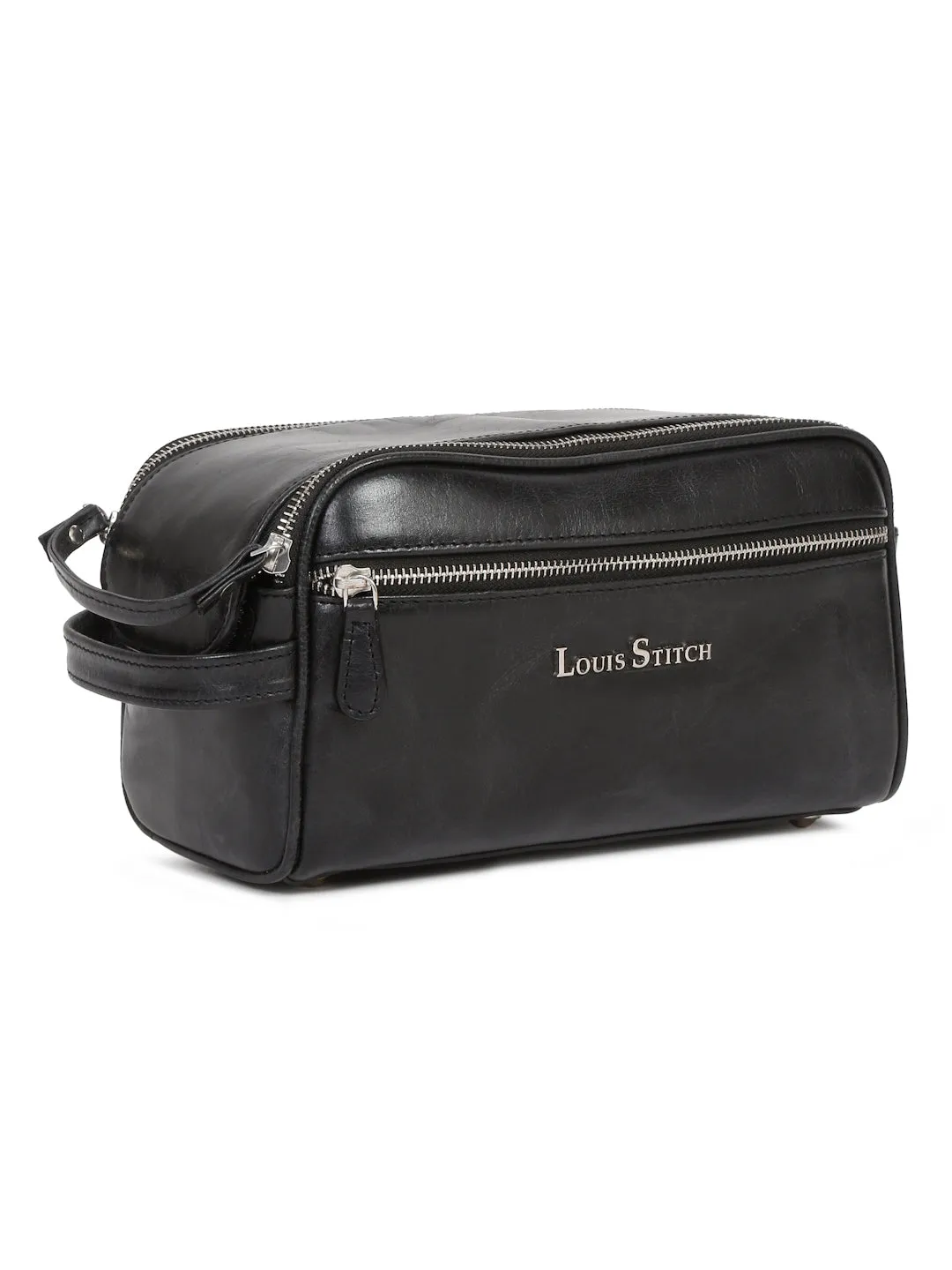 Men's Italian Leather Toiletry Kit Travel Organizer Pouch with Multiple Compartments
