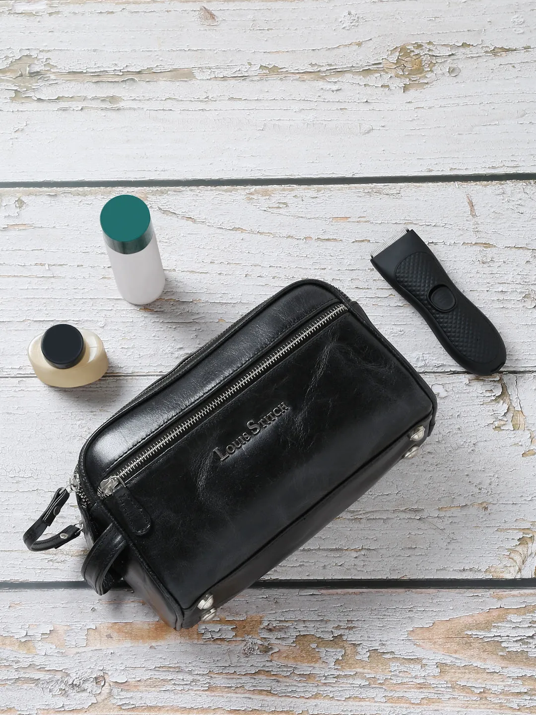 Men's Italian Leather Toiletry Kit Travel Organizer Pouch with Multiple Compartments
