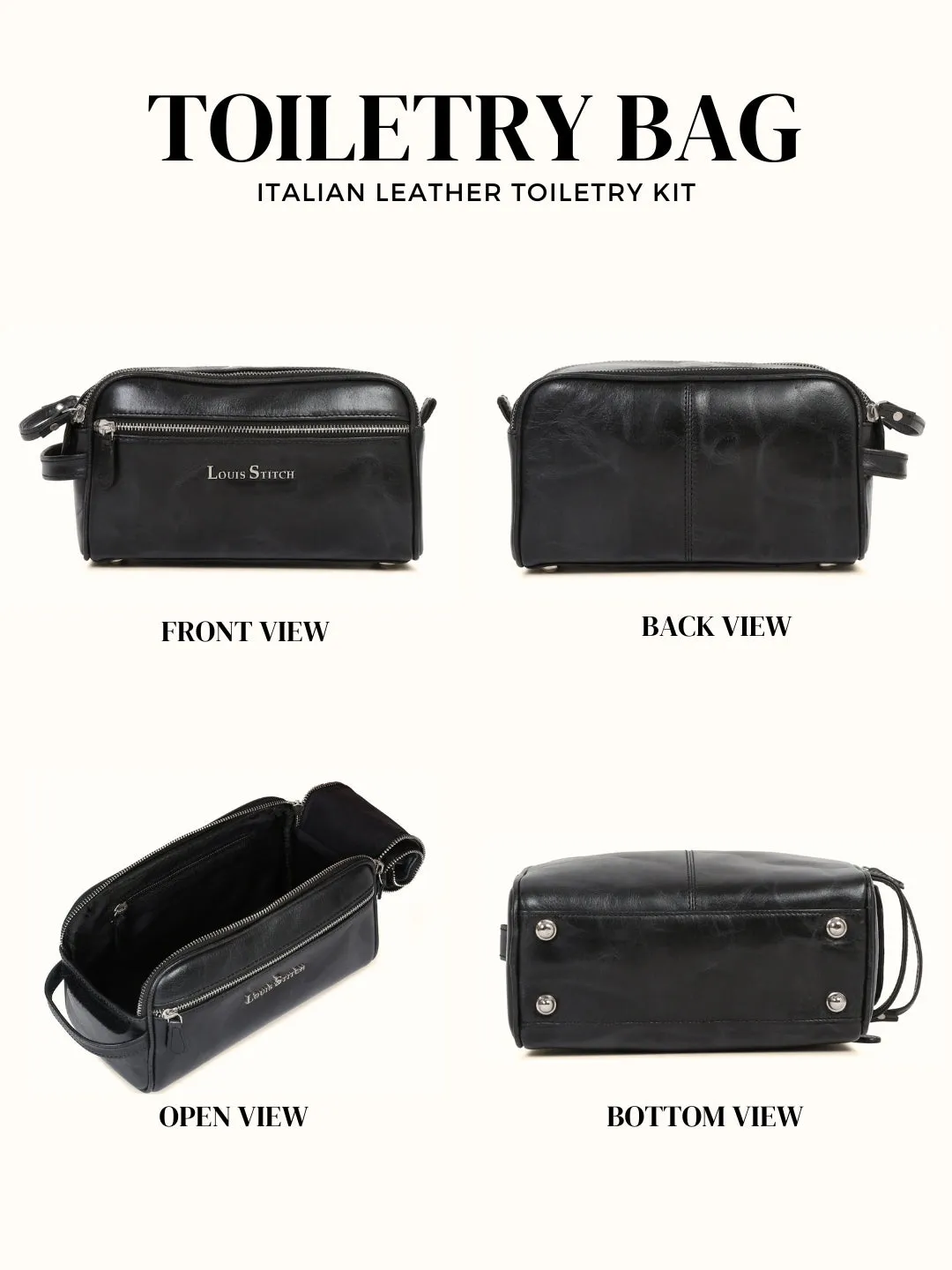 Men's Italian Leather Toiletry Kit Travel Organizer Pouch with Multiple Compartments