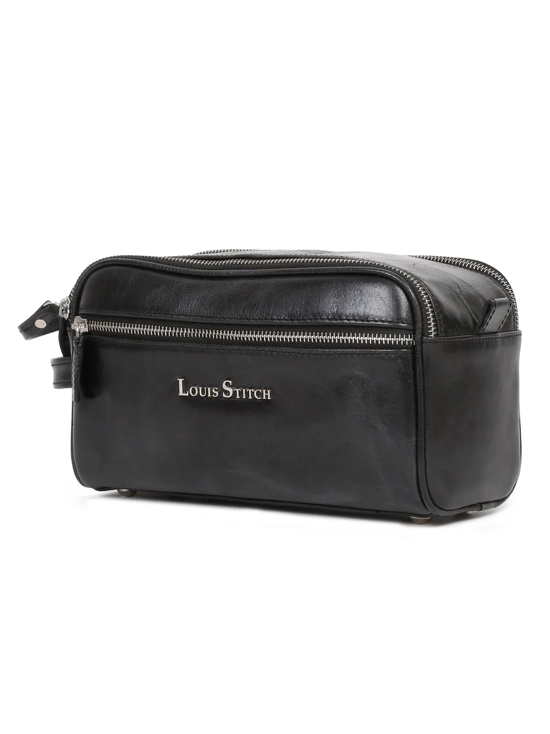 Men's Italian Leather Toiletry Kit Travel Organizer Pouch with Multiple Compartments