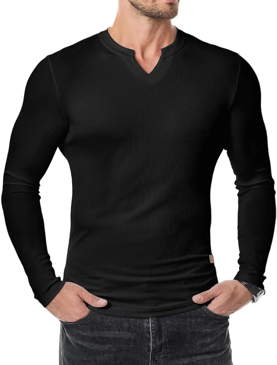Men's Long Sleeve V-Neck T-Shirt, Soft Cotton, Slim Fit, Casual Wear, Burgundy, Stylish and Comfortable Design
