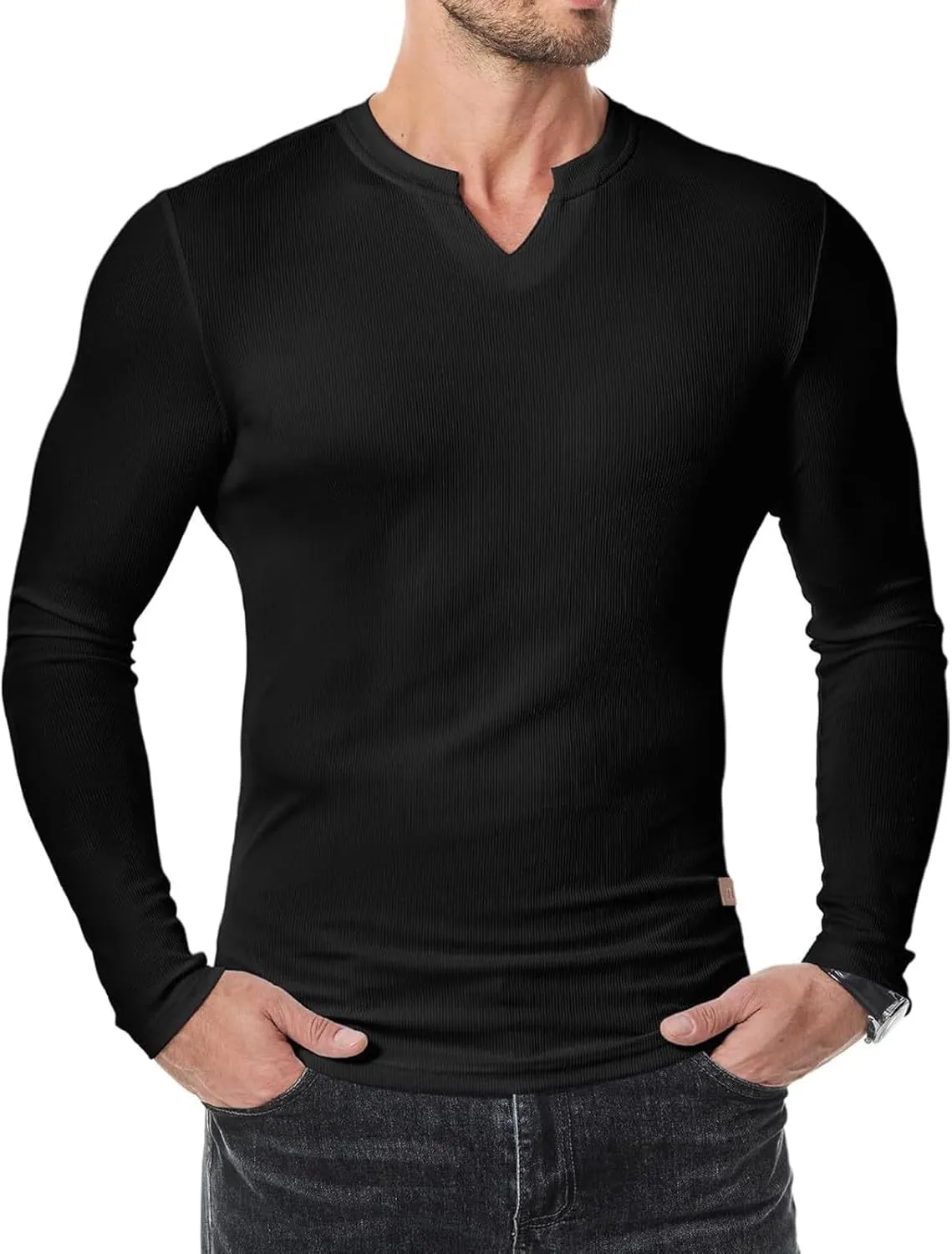 Men's Long Sleeve V-Neck T-Shirt, Soft Cotton, Slim Fit, Casual Wear, Burgundy, Stylish and Comfortable Design