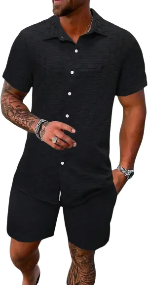 Men's Short Sets 2 Piece Outfits Button Down Linen Shirts and Short Sets Summer Beach Outfis