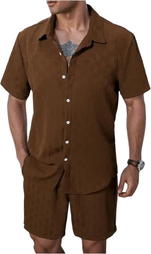Men's Short Sets 2 Piece Outfits Button Down Linen Shirts and Short Sets Summer Beach Outfis