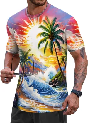 Men's Summer Graphic Shirts Crew Neck Short Sleeve Tropical Ombre Tee Shirt (S-2XL)