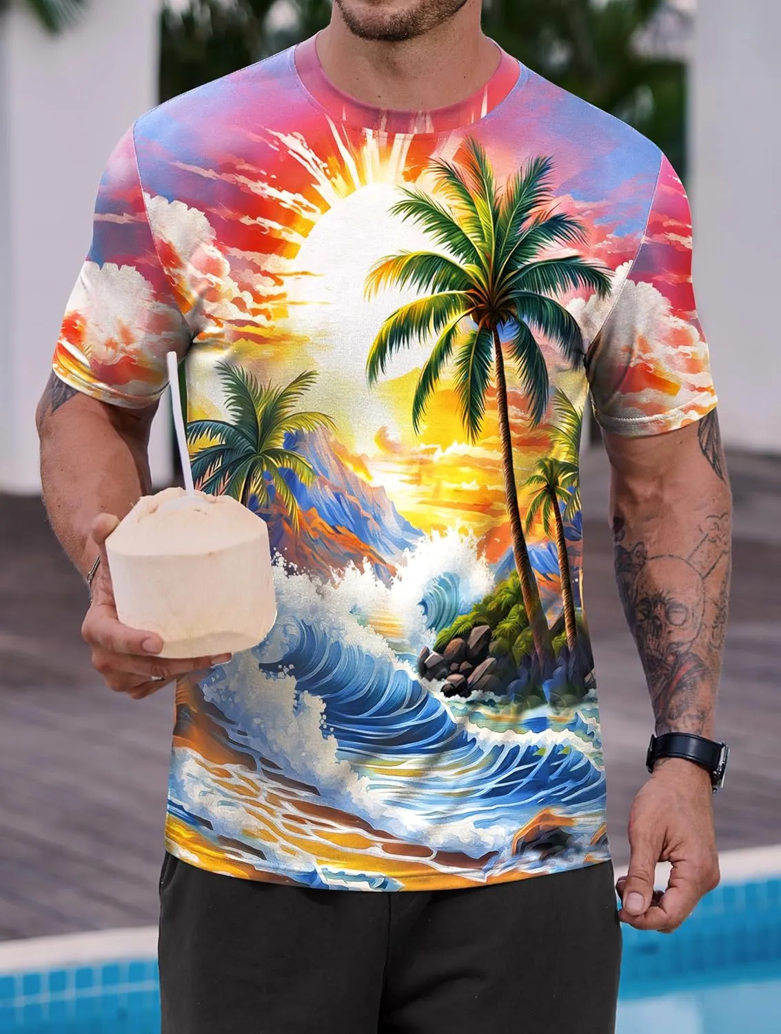 Men's Summer Graphic Shirts Crew Neck Short Sleeve Tropical Ombre Tee Shirt (S-2XL)