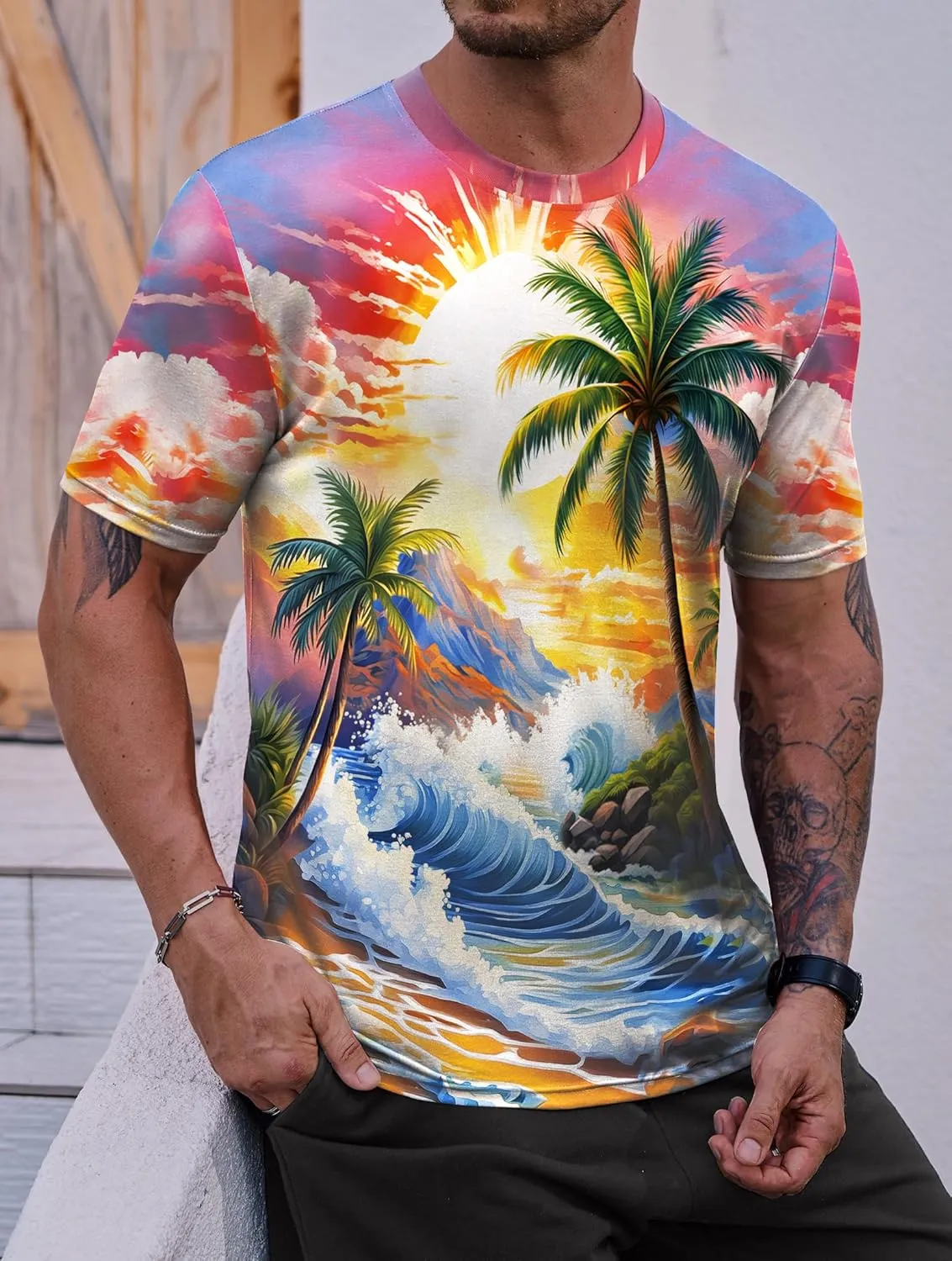 Men's Summer Graphic Shirts Crew Neck Short Sleeve Tropical Ombre Tee Shirt (S-2XL)