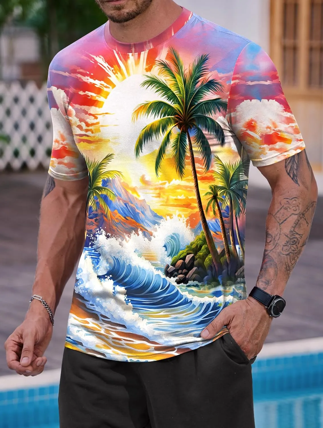 Men's Summer Graphic Shirts Crew Neck Short Sleeve Tropical Ombre Tee Shirt (S-2XL)