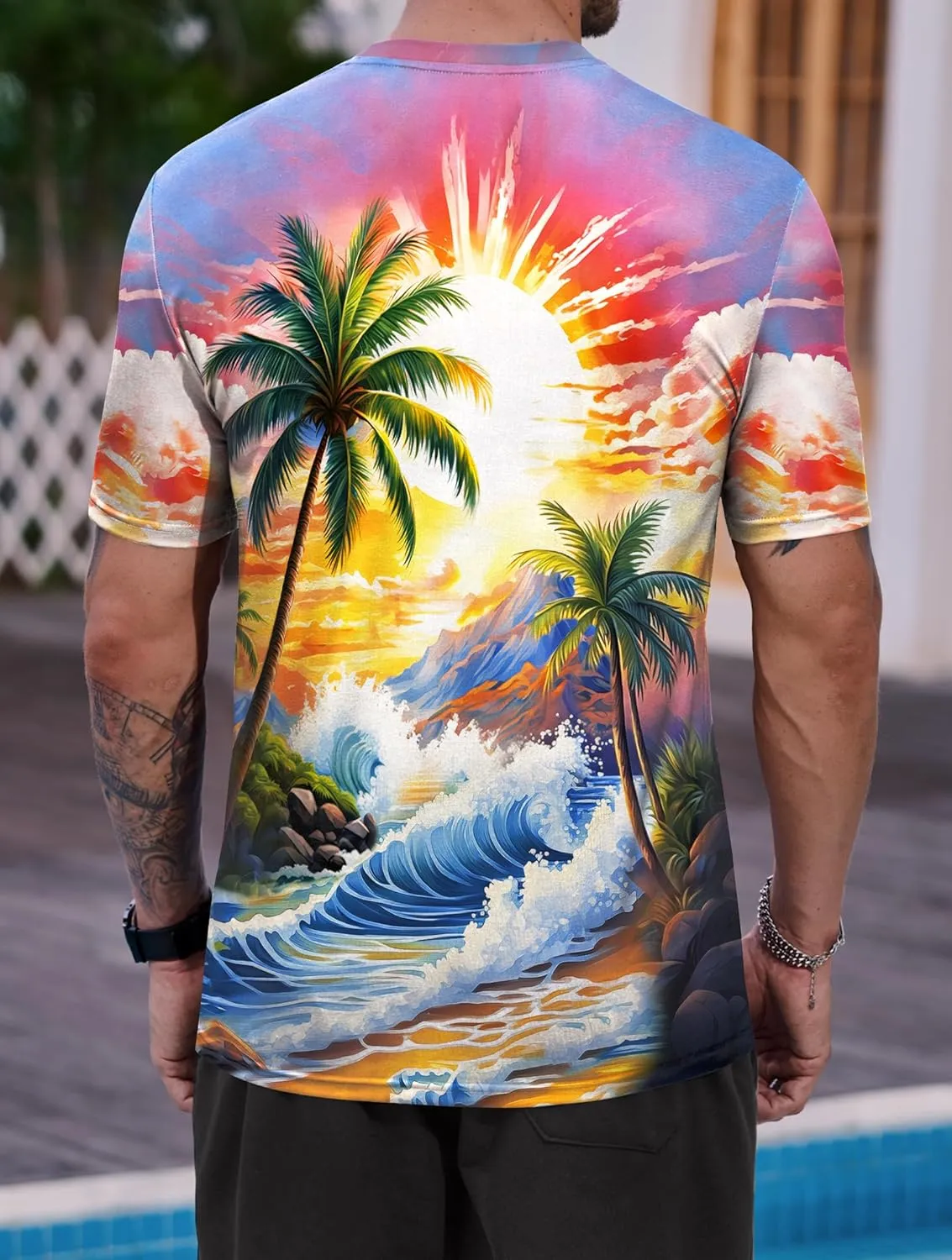 Men's Summer Graphic Shirts Crew Neck Short Sleeve Tropical Ombre Tee Shirt (S-2XL)