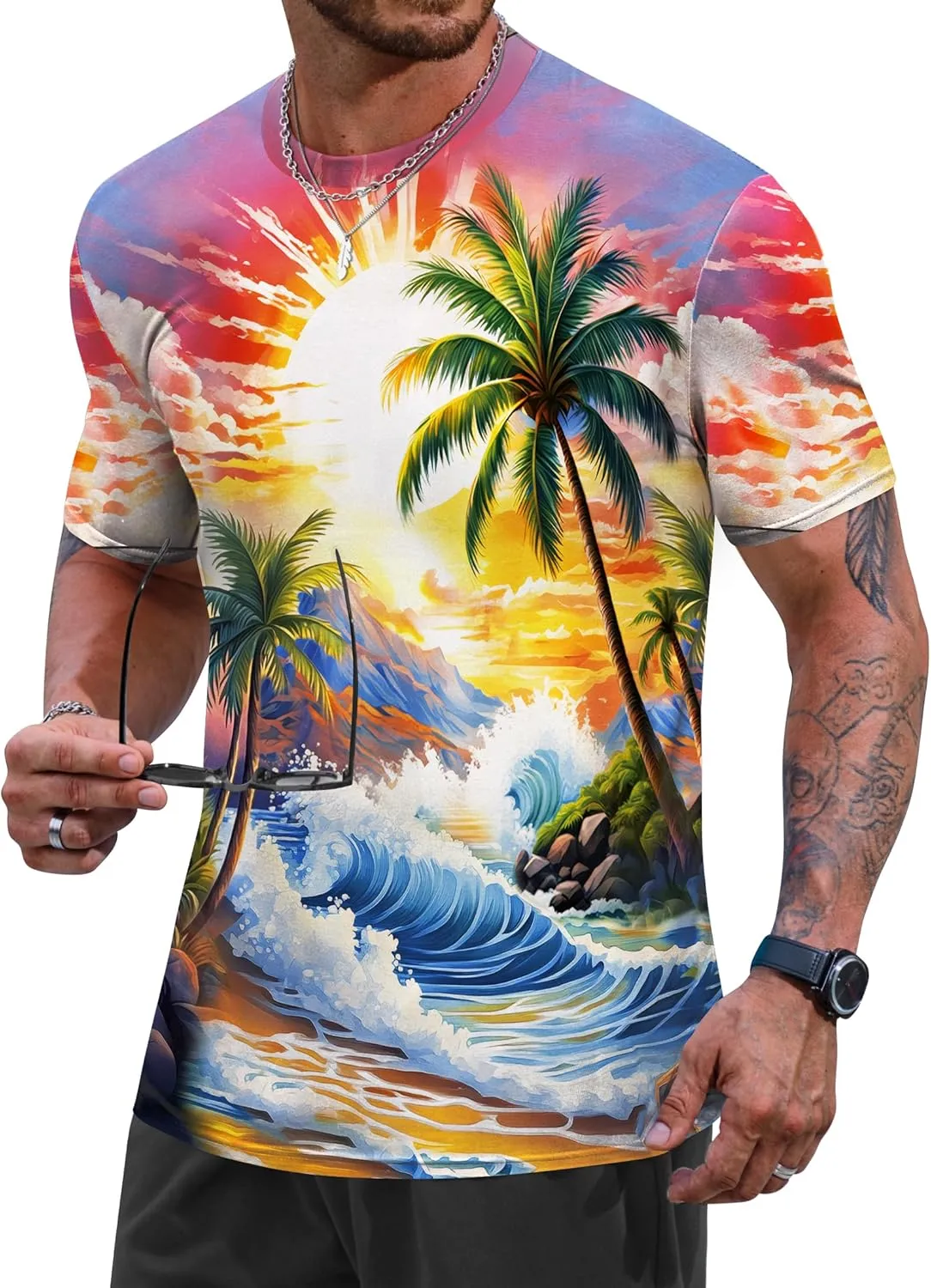 Men's Summer Graphic Shirts Crew Neck Short Sleeve Tropical Ombre Tee Shirt (S-2XL)