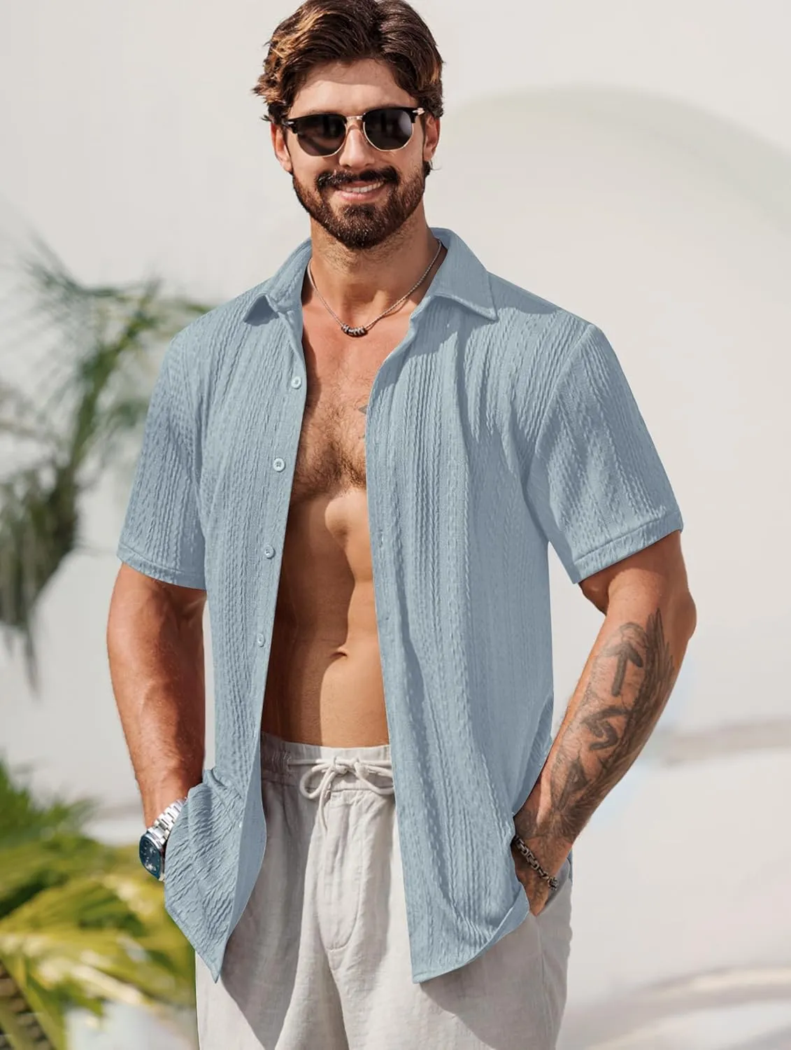 Mens Summer Textured Shirts Short Sleeve Casual Button Down Shirt Beach Vacation Tops (S-XXL)