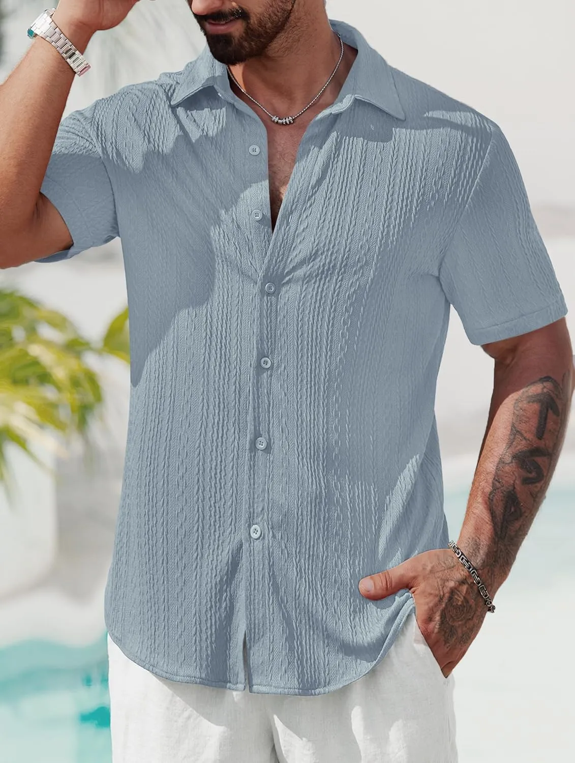Mens Summer Textured Shirts Short Sleeve Casual Button Down Shirt Beach Vacation Tops (S-XXL)