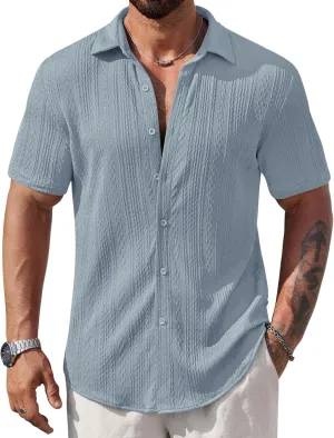 Mens Summer Textured Shirts Short Sleeve Casual Button Down Shirt Beach Vacation Tops (S-XXL)