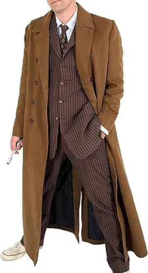 Men's Who Brown Wool 10th Dr. Doctor Gabardina Long Trench Coat Costume for Halloween Cosplay
