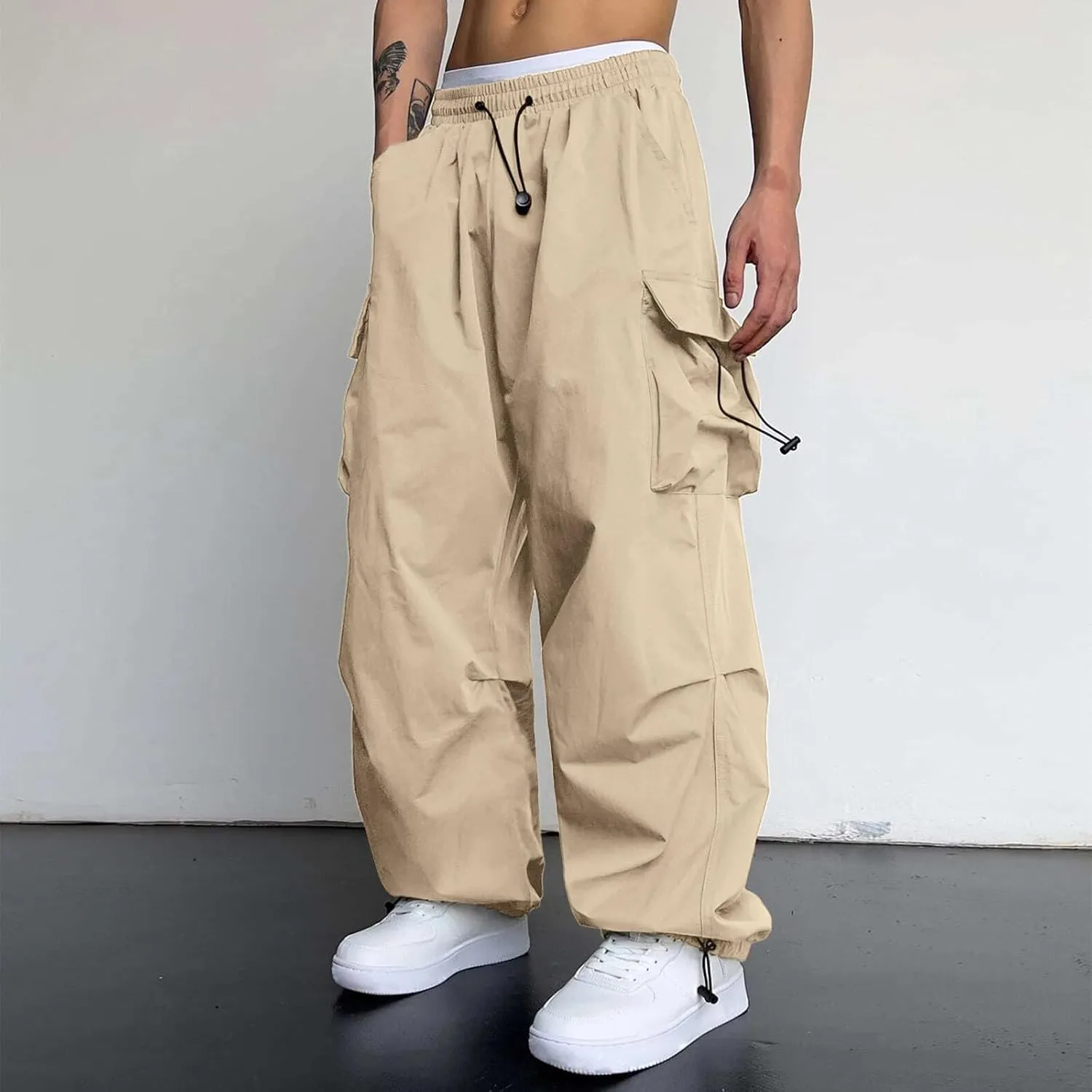 Mens Work Cargo Pant Cotton Stretchy Casual Joggers Drawstring Elastic Waist Outdoor Pants Multi Pockets