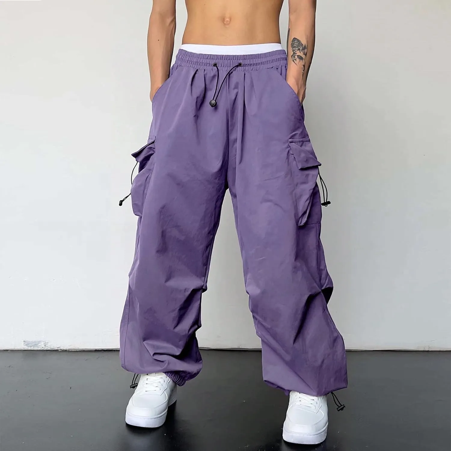 Mens Work Cargo Pant Cotton Stretchy Casual Joggers Drawstring Elastic Waist Outdoor Pants Multi Pockets