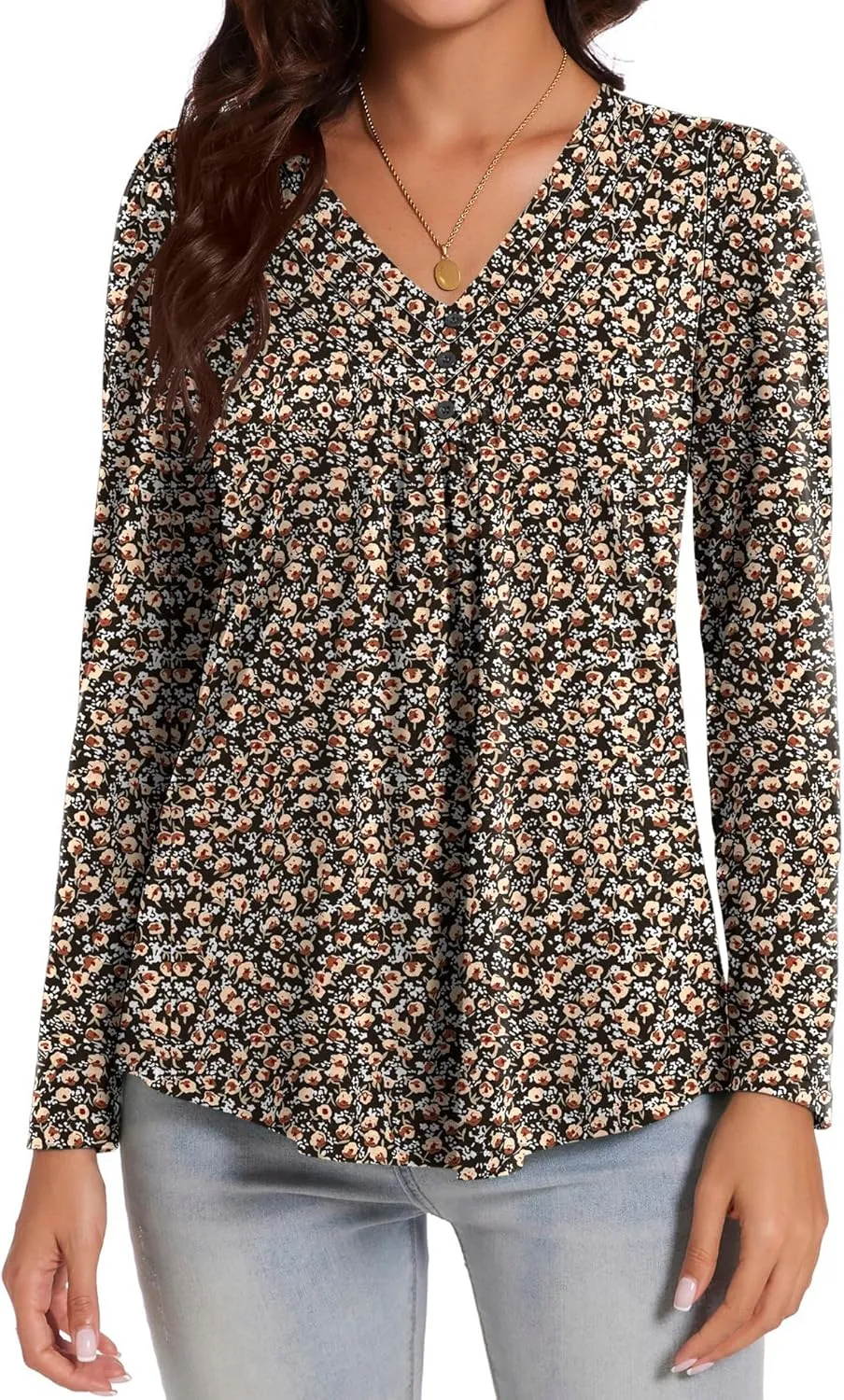 Micoson Womens Casual Long Sleeve Shirts Pleated Button V Neck Tunic Tops Spring 2025