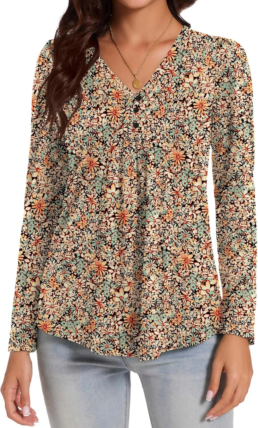 Micoson Womens Casual Long Sleeve Shirts Pleated Button V Neck Tunic Tops Spring 2025