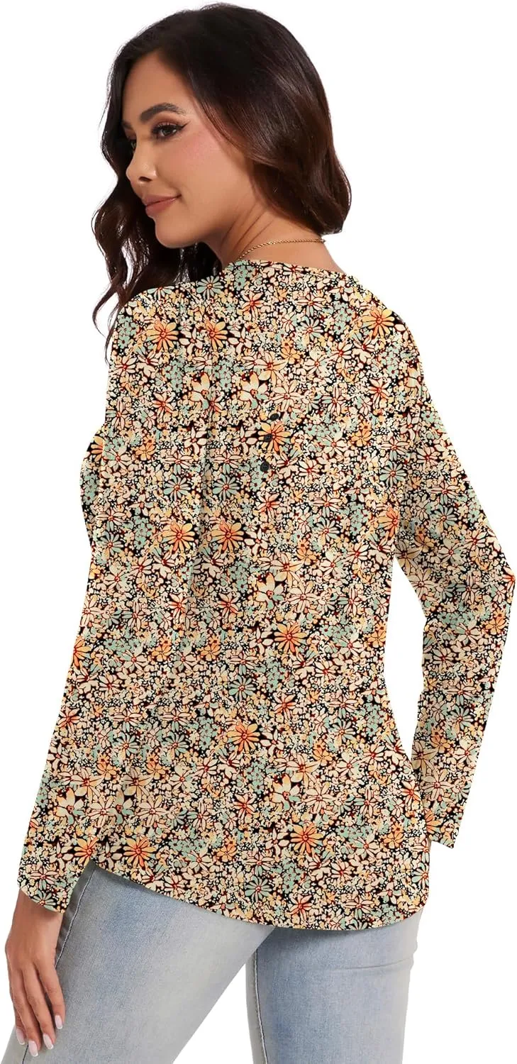 Micoson Womens Casual Long Sleeve Shirts Pleated Button V Neck Tunic Tops Spring 2025