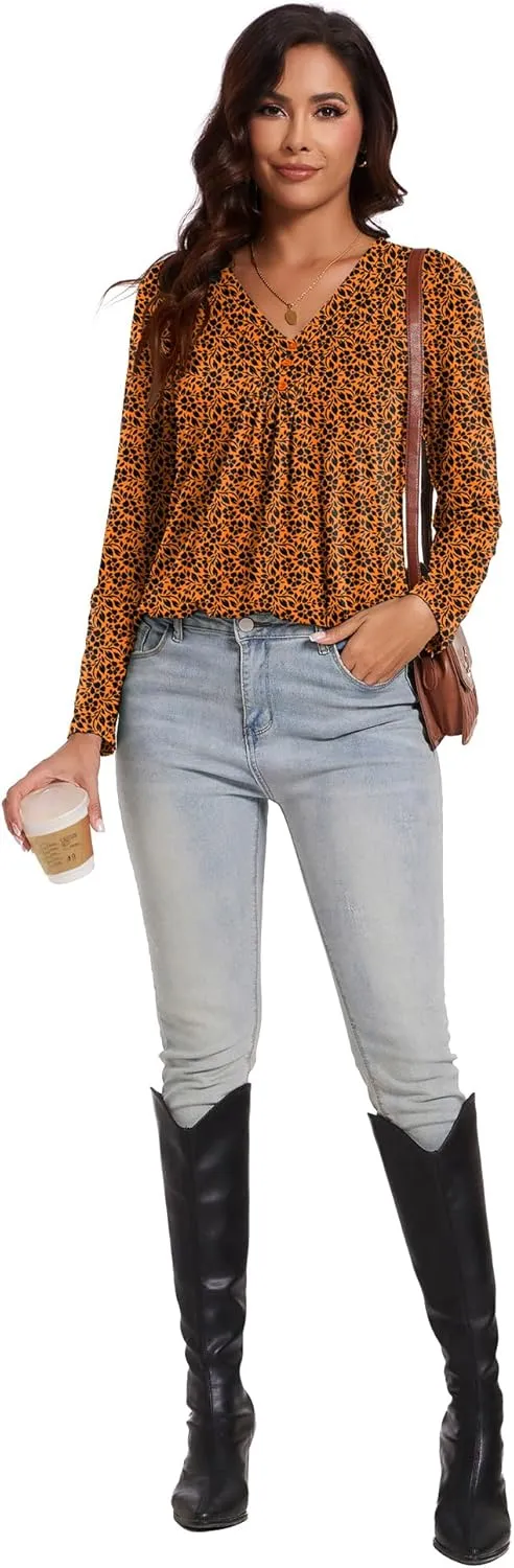 Micoson Womens Casual Long Sleeve Shirts Pleated Button V Neck Tunic Tops Spring 2025