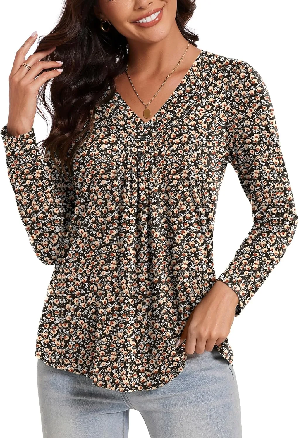 Micoson Womens Casual Long Sleeve Shirts Pleated Button V Neck Tunic Tops Spring 2025