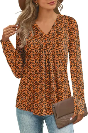 Micoson Womens Casual Long Sleeve Shirts Pleated Button V Neck Tunic Tops Spring 2025