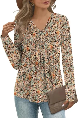 Micoson Womens Casual Long Sleeve Shirts Pleated Button V Neck Tunic Tops Spring 2025