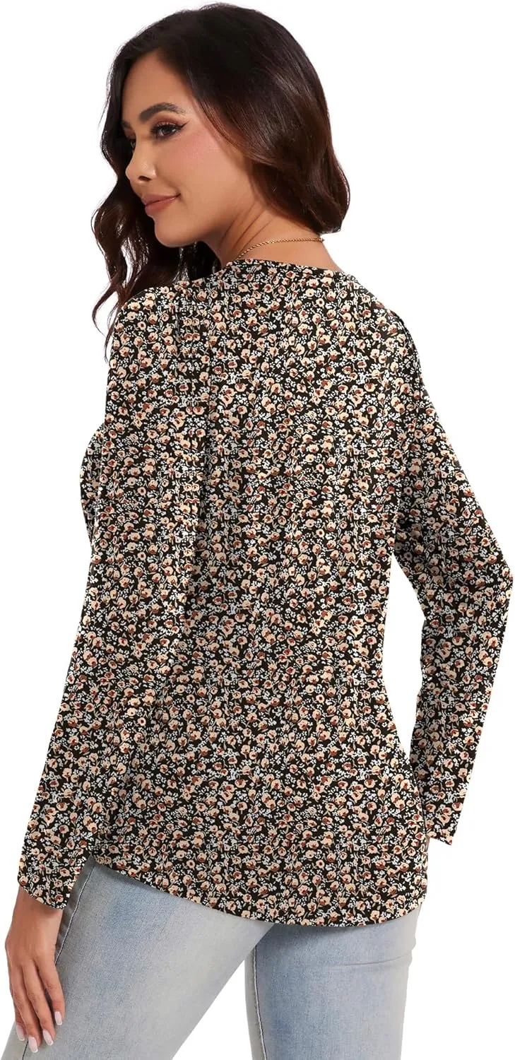 Micoson Womens Casual Long Sleeve Shirts Pleated Button V Neck Tunic Tops Spring 2025