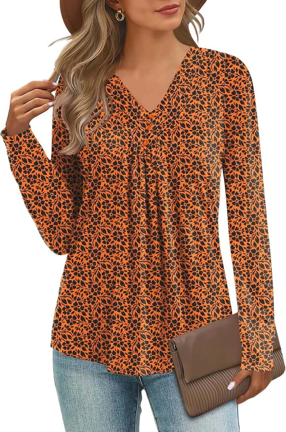 Micoson Womens Casual Long Sleeve Shirts Pleated Button V Neck Tunic Tops Spring 2025
