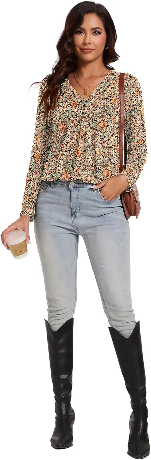 Micoson Womens Casual Long Sleeve Shirts Pleated Button V Neck Tunic Tops Spring 2025