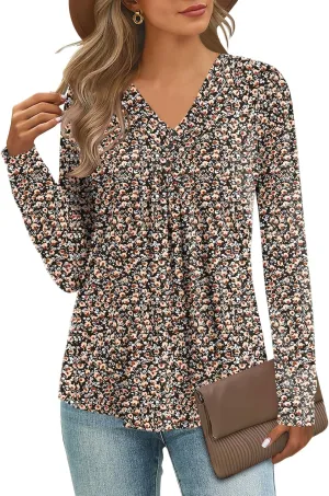 Micoson Womens Casual Long Sleeve Shirts Pleated Button V Neck Tunic Tops Spring 2025