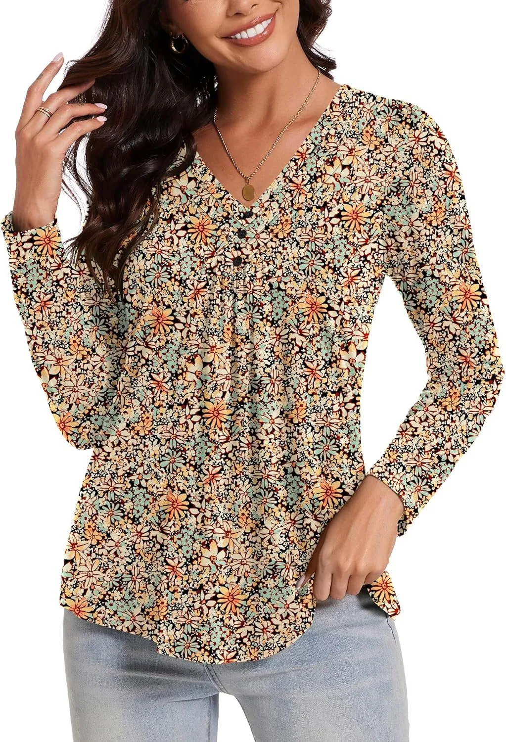 Micoson Womens Casual Long Sleeve Shirts Pleated Button V Neck Tunic Tops Spring 2025