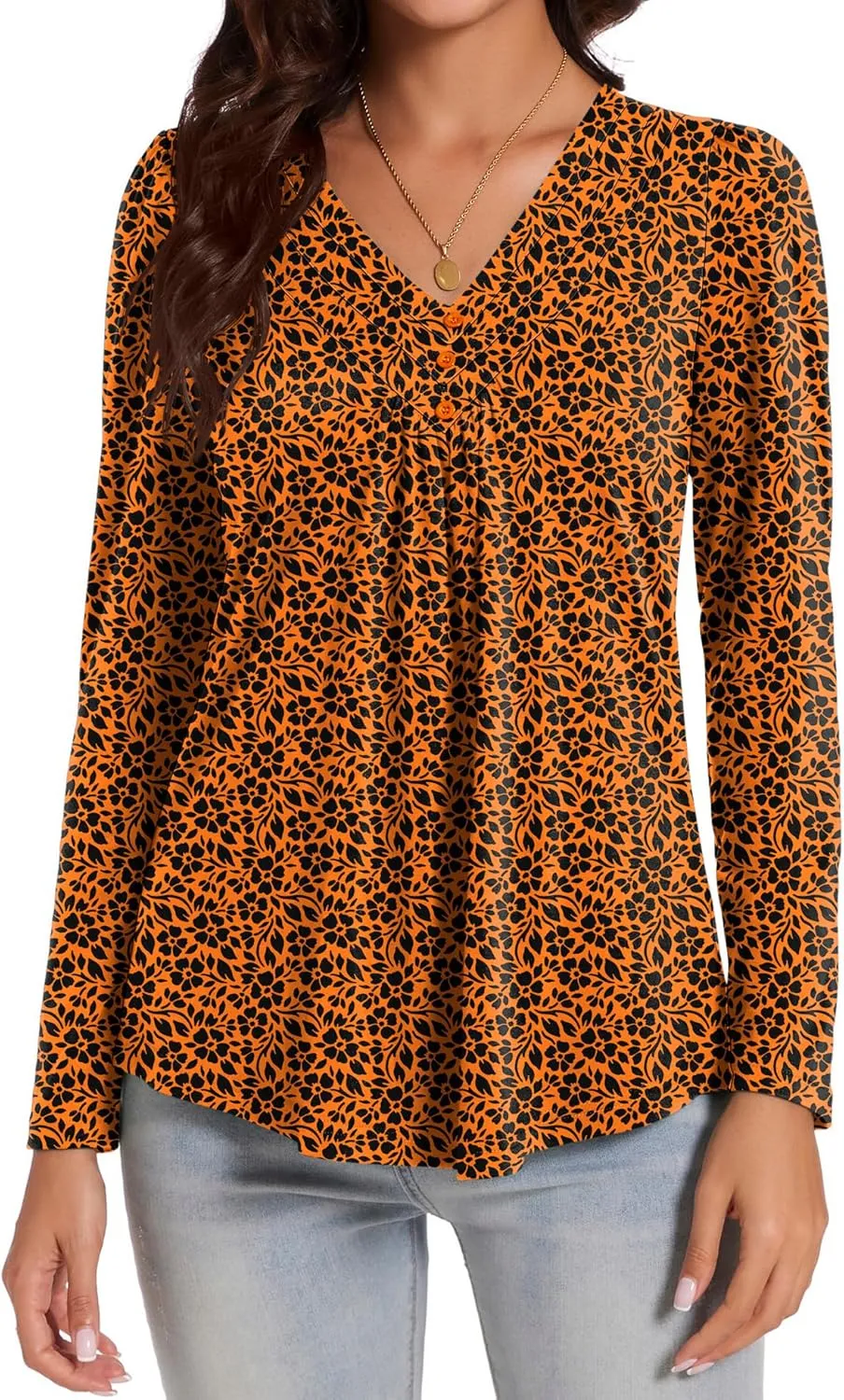 Micoson Womens Casual Long Sleeve Shirts Pleated Button V Neck Tunic Tops Spring 2025