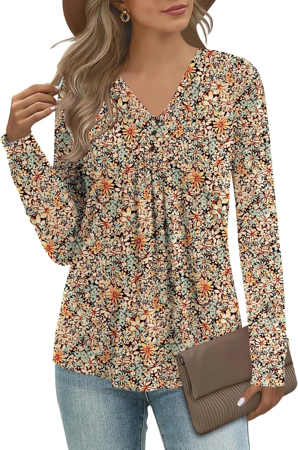 Micoson Womens Casual Long Sleeve Shirts Pleated Button V Neck Tunic Tops Spring 2025