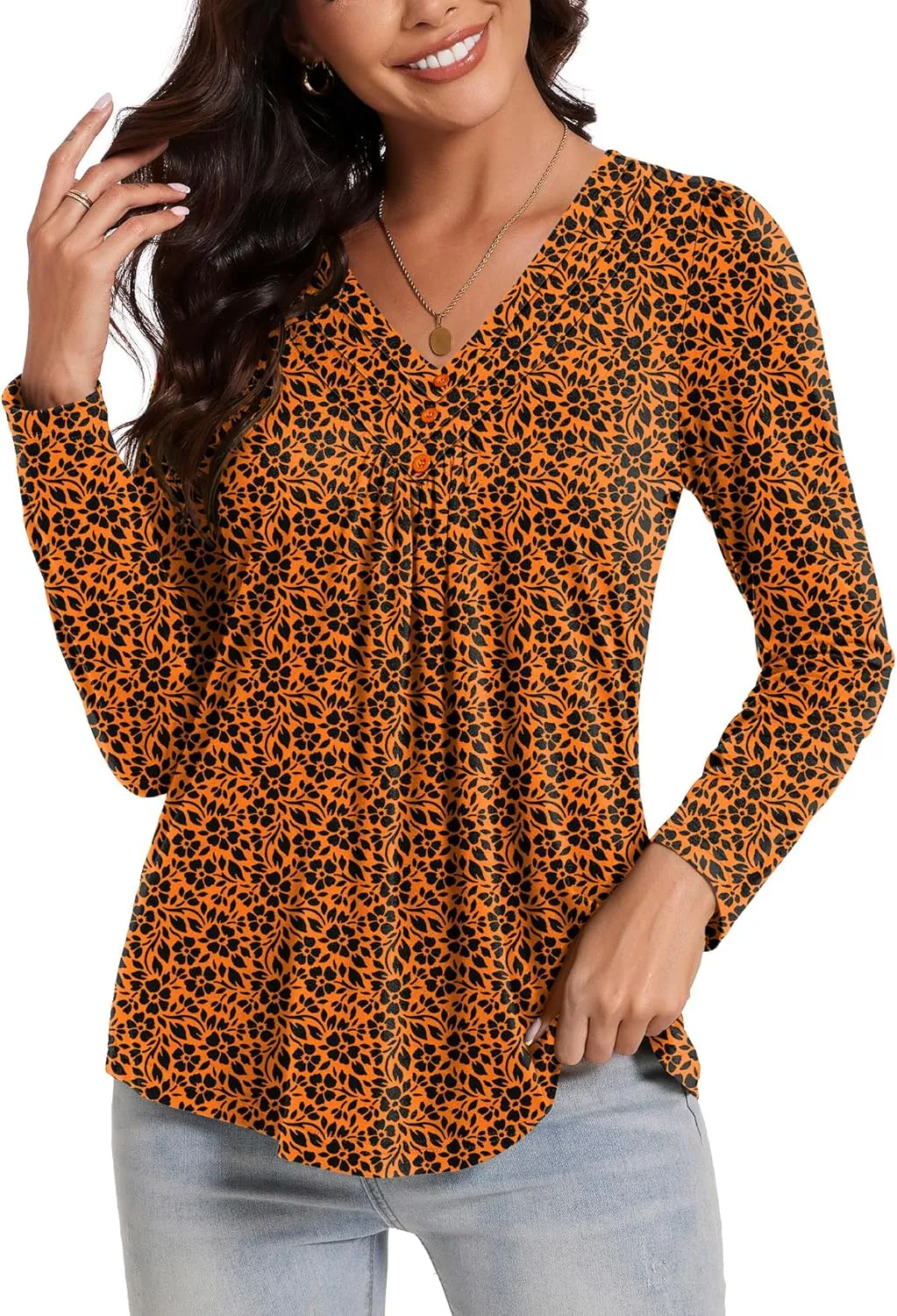Micoson Womens Casual Long Sleeve Shirts Pleated Button V Neck Tunic Tops Spring 2025