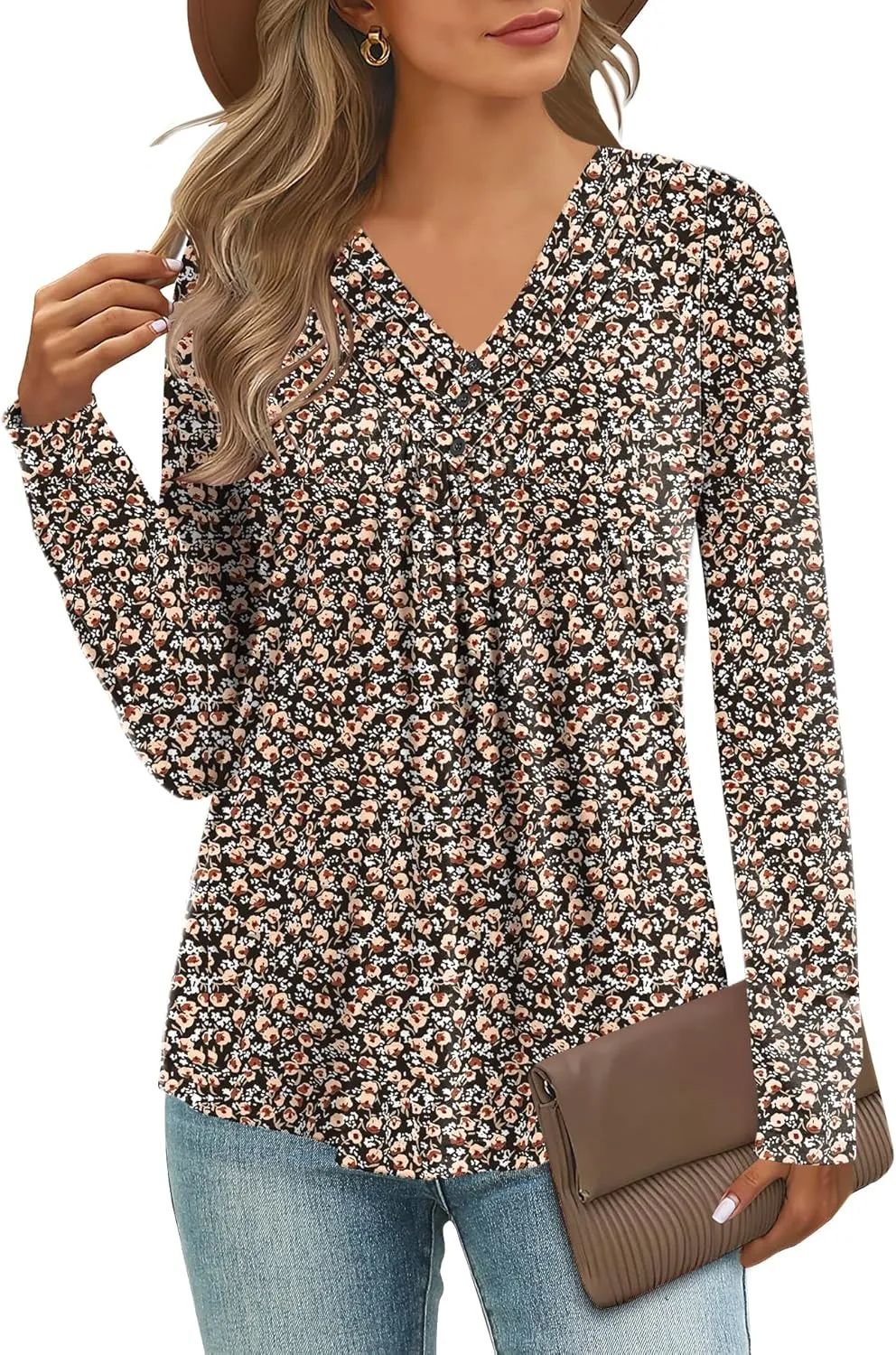 Micoson Womens Casual Long Sleeve Shirts Pleated Button V Neck Tunic Tops Spring 2025