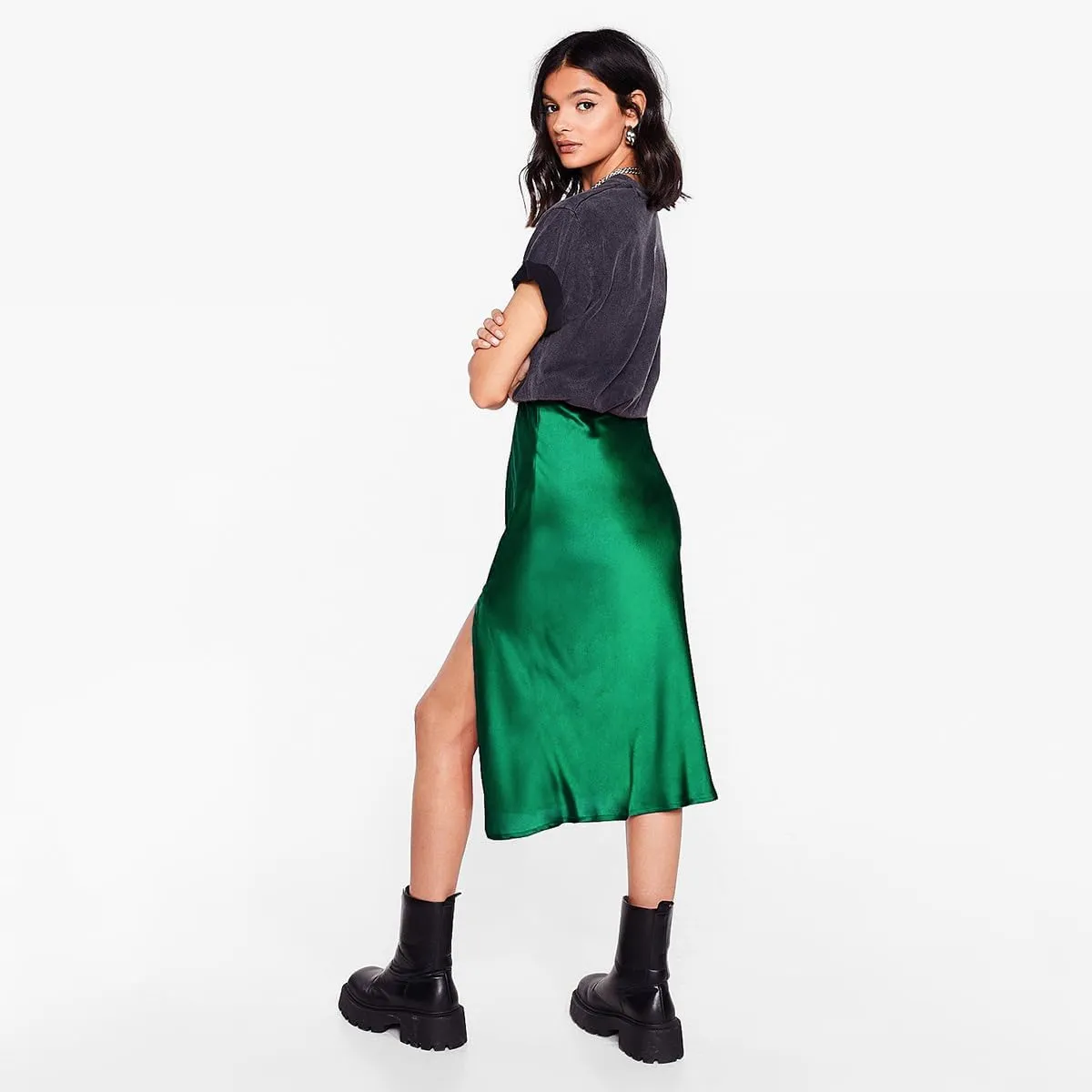 Midi Silk Skirt Women's Spring Summer Satin High Waist Side Split Ruffle A-line Long Skirts