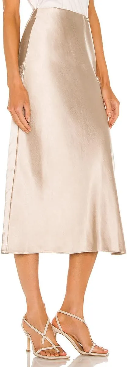 Midi Silk Skirt Women's Spring Summer Satin High Waist Side Split Ruffle A-line Long Skirts