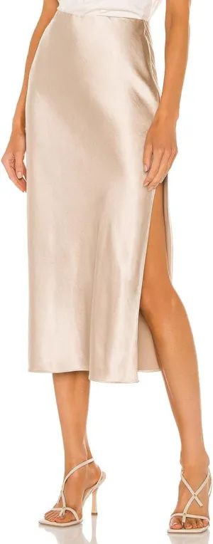 Midi Silk Skirt Women's Spring Summer Satin High Waist Side Split Ruffle A-line Long Skirts