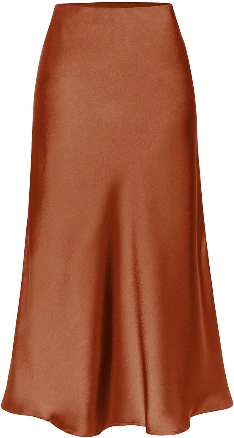 Midi Silk Skirt Women's Spring Summer Satin High Waist Side Split Ruffle A-line Long Skirts
