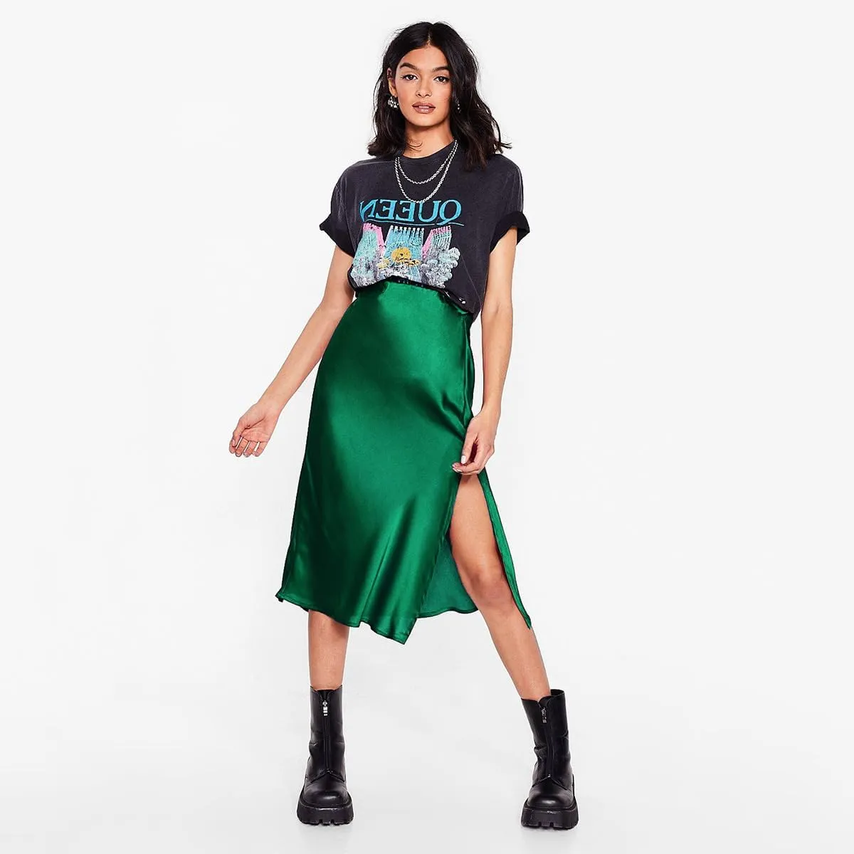 Midi Silk Skirt Women's Spring Summer Satin High Waist Side Split Ruffle A-line Long Skirts