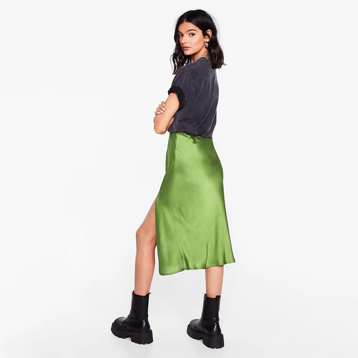 Midi Silk Skirt Women's Spring Summer Satin High Waist Side Split Ruffle A-line Long Skirts