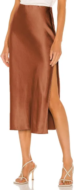 Midi Silk Skirt Women's Spring Summer Satin High Waist Side Split Ruffle A-line Long Skirts