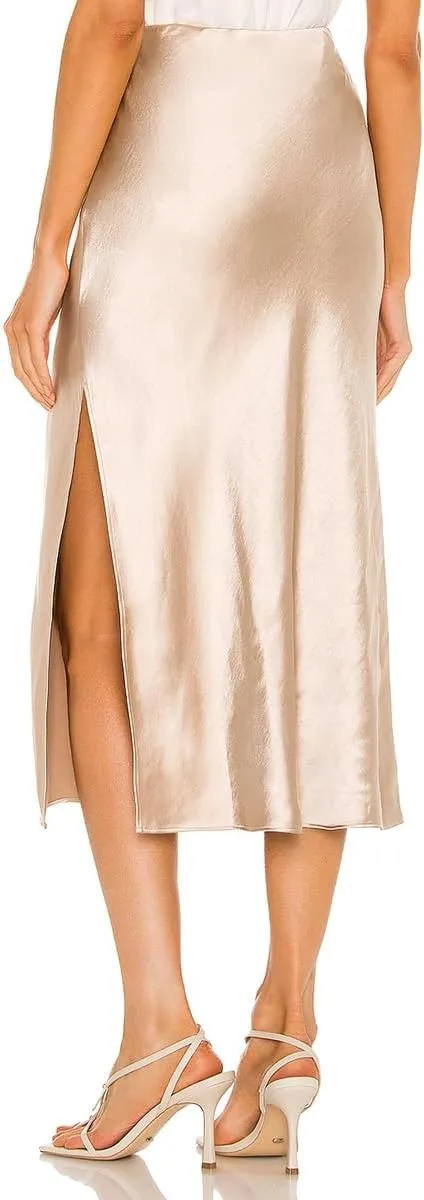 Midi Silk Skirt Women's Spring Summer Satin High Waist Side Split Ruffle A-line Long Skirts
