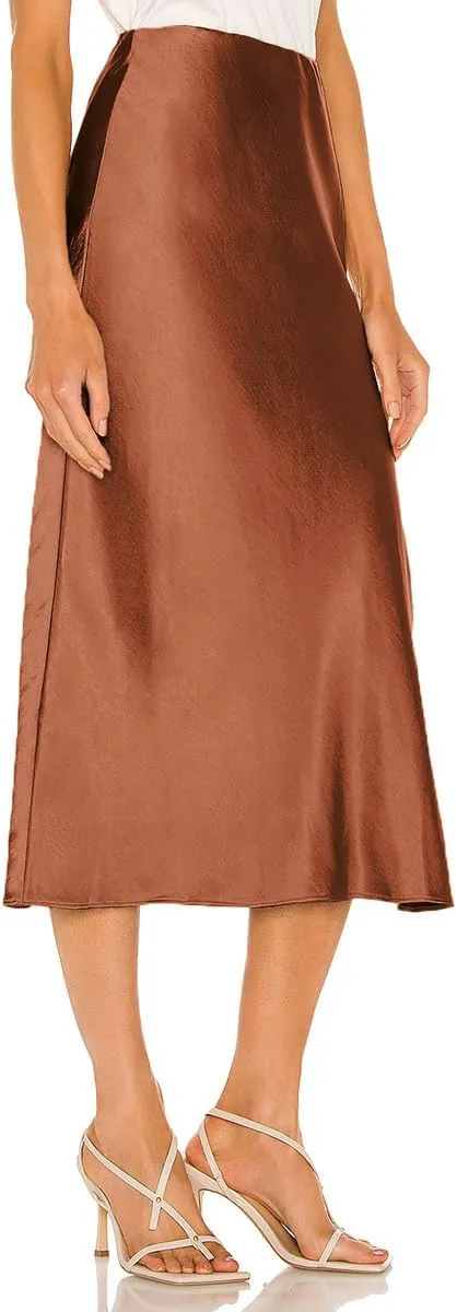 Midi Silk Skirt Women's Spring Summer Satin High Waist Side Split Ruffle A-line Long Skirts